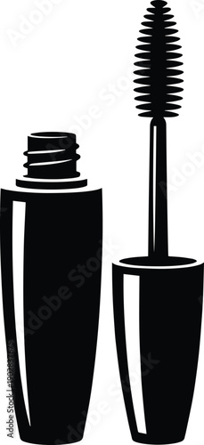 Black and white open tube of mascara and brush vector icon, Mascara tube and wand silhouette, Minimal black mascara bottle and applicator brush, Mascara tube with brush black silhouette