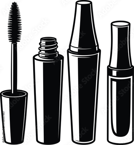 Black and White Cosmetic Makeup Packaging Silhouette, Collection of mascara tubes and brushes, Black and White Beauty Products, Minimal Cosmetic Makeup Container Silhouette