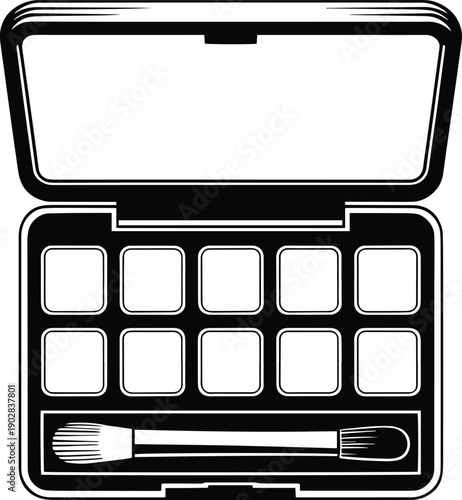 Makeup eyeshadow palette with mirror and brush black silhouette icon, outline illustration of an eyeshadow palette with a dual-ended applicator brush, Cosmetic kit container symbol