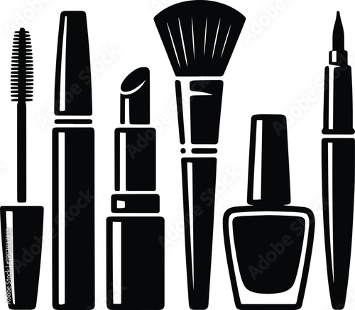 Makeup items black silhouette vector art and illustration, Makeup tools and products icons set, mascara, lipstick, makeup brush, nail polish, eyeline silhouette vector icons collections