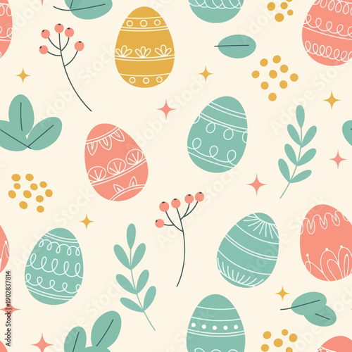 Seamless Pattern with Colorful Easter Eggs, Spring Leaves, and Berries on Cream Background, Elegant Vector Texture for Textile, Wrapping Paper, Wallpaper, and Holiday Decor Design