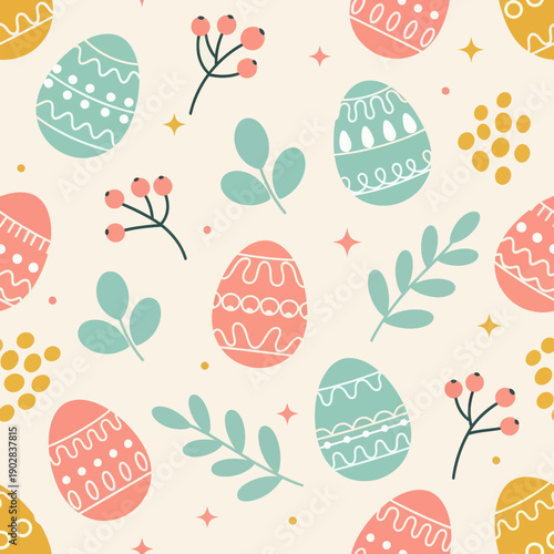 Seamless Pattern with Colorful Easter Eggs, Spring Leaves, and Berries on Cream Background, Elegant Vector Texture for Textile, Wrapping Paper, Wallpaper, and Holiday Decor Design