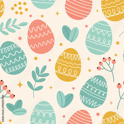 Seamless Pattern with Colorful Easter Eggs, Spring Leaves, and Berries on Cream Background, Elegant Vector Texture for Textile, Wrapping Paper, Wallpaper, and Holiday Decor Design