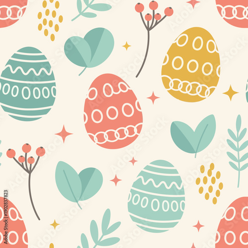 Seamless Pattern with Colorful Easter Eggs, Spring Leaves, and Berries on Cream Background, Elegant Vector Texture for Textile, Wrapping Paper, Wallpaper, and Holiday Decor Design