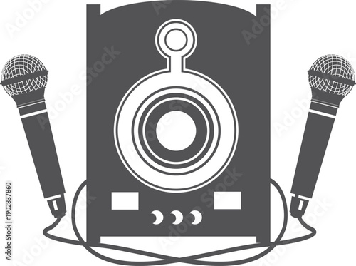 Audio speaker and two microphones karaoke black icon