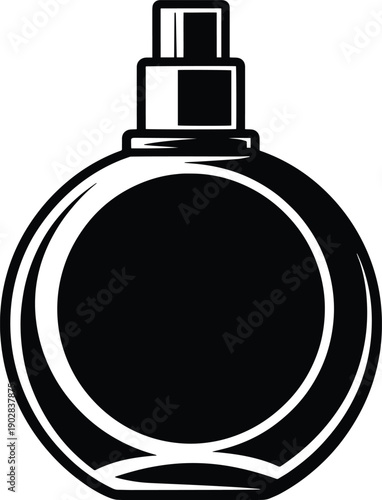 Minimal black perfume bottle silhouette icon, luxury fragrance container symbol, Vintage perfume bottle with a rounded body, Illustration of a perfume bottle