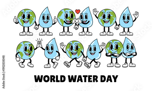 World Water Day retro cartoon character set, cute earth and water drop mascot in vintage 30s rubber hose style, environmental conservation concept.