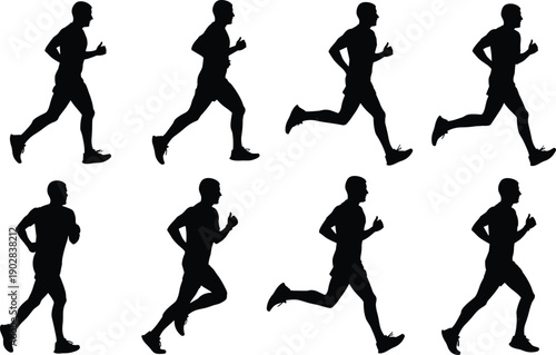 Large vector collection of black male runner silhouettes featuring athletes sprinting, jogging, and marathons in various side view motion poses