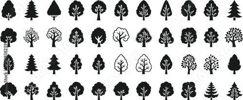 Large collection of tree silhouettes and nature line icons including pine, fir, deciduous, oak, spruce, forest, and various arboreal plant elements.