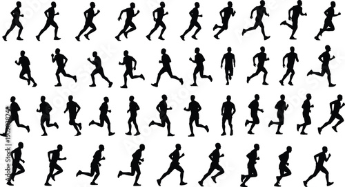 Large vector collection of black male runner silhouettes featuring athletes sprinting, jogging, and marathons in various side view motion poses