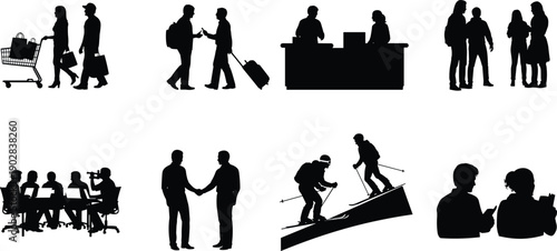 Large vector collection of black silhouettes featuring people shopping, traveling with luggage, skiing, office meetings, handshakes, and various everyday lifestyle activities