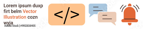 Programming, notifications, communications, digital alerts, messaging, coding concepts. Features a coding symbol, message bubbles and a bell. Programming and notification concepts