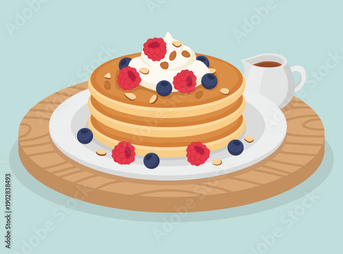 delicious stack of keto almond flour pancakes topped with whipped cream, fresh raspberries, blueberries, and almonds on a wooden board with syrup.