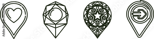 Four black and white location pin icons with different symbols inside  heart diamond star arrow