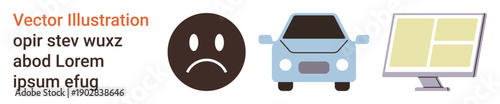 Digital communication, technology challenges, transport systems, emotions, user interface, modern workplace. Sad face, car and computer screen icons. Technology issues and digital communication