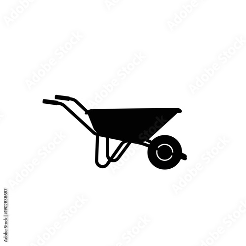 Black silhouette of a garden wheelbarrow on a white background