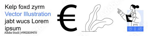 Design include currencies, financial concepts, science research, education, teamwork, and modern communication. ion of a Euro symbol, a plant and a female scientist. Currencies and science research