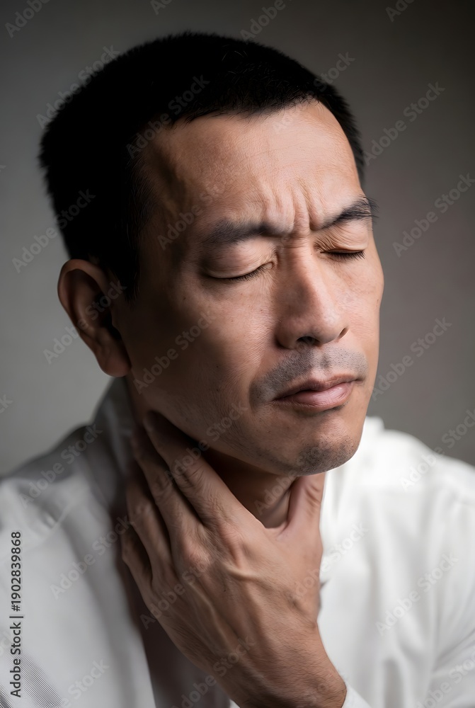 Obraz premium Thoughtful man in white shirt touching neck