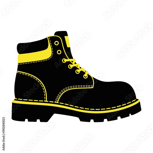 Black and yellow work boot, isolated on white background.