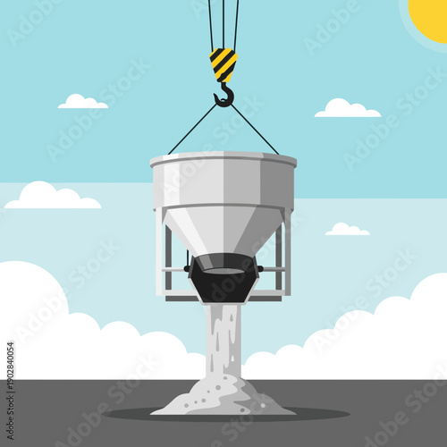 Concrete mixing bucket lifted by crane on construction site