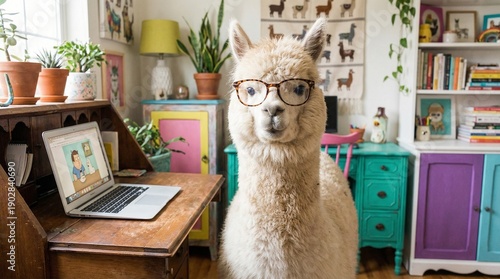 Funny Alpaca Wearing Glasses Working at Laptop in Home Office