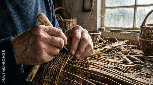 Close-Up of Artisan Hands Weaving Traditional Natural Fiber Basket
