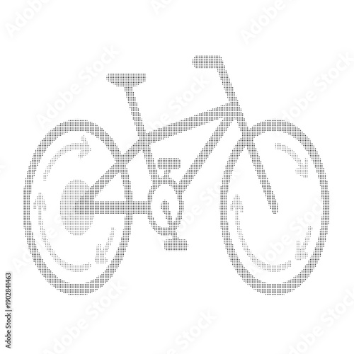 Monochrome dotted bicycle with circular motion arrows on wheels bike black white