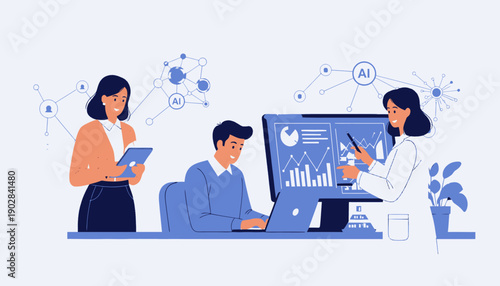 Team of professionals analyzing data on computer screen together.