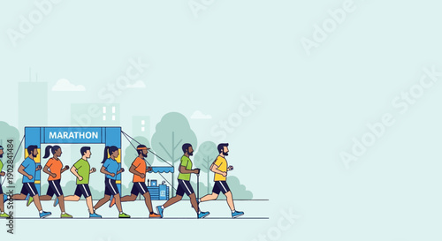 Group of Runners Crossing Finish Line at Marathon Event