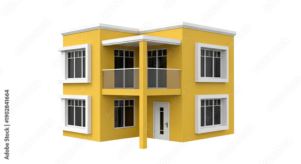 Fototapeta premium Modern Yellow Two-Story House with Balcony