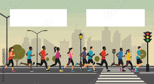 Group of Diverse People Running and Walking in Urban Environment