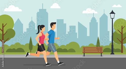 Couple Jogging in City Park with Urban Skyline Background