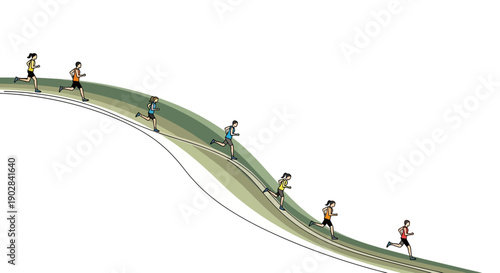 Multiple People Running Along Curved Track On Green Field