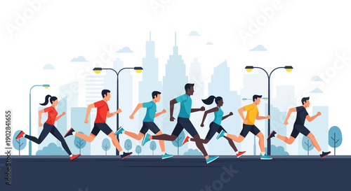 Diverse group of runners participating in urban marathon race