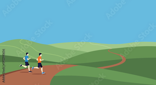 Two Joggers Running on Scenic Trail in Upland Landscape