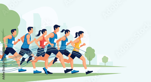 Energetic Group of Runners in a Race on Bright Day Outdoor