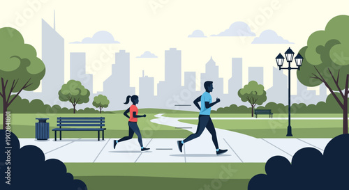 Urban Park Scene with Joggers and City Skyline