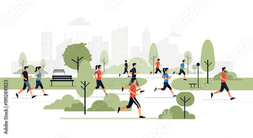 City Park with People Running and Exercising in Urban Green Space