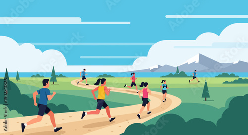 People Running on Scenic Park Trail with Mountain View