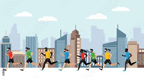 Group of People Running in Urban Cityscape