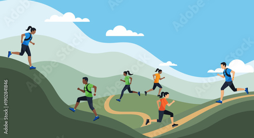 Group of People Running Up Mountain Trail Outdoors