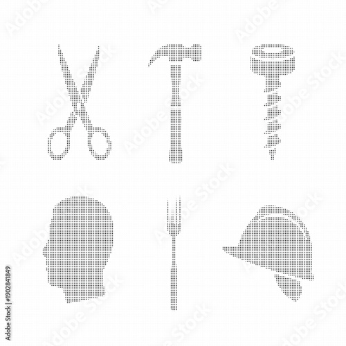 Monochrome dotted of scissors hammer drill fork head and hard hat
