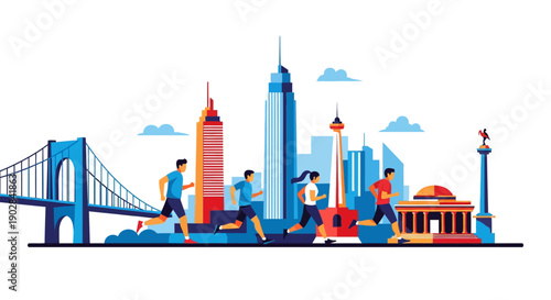 Urban Cityscape with Pedestrians and Skyline