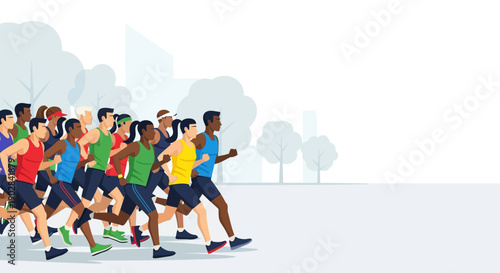 Group of Diverse Runners in a Competitive Race