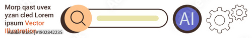 User interface, search optimization, artificial intelligence, machine learning, tech innovation, digital tools. Search bar next to AI symbol and gear icons. Search optimization and artificial