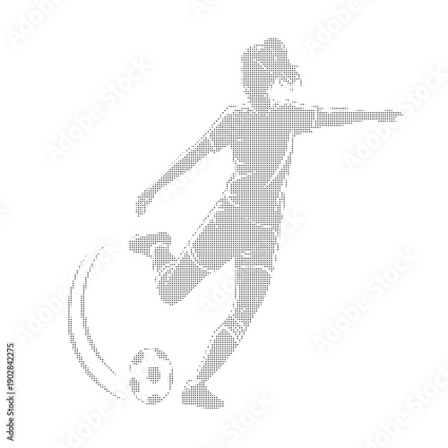 Monochrome dotted silhouette of a soccer player kicking a ball in midaction black white