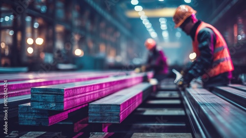 Wallpaper Mural Steel industry workers operating hydraulic press shaping steel on blurred background  Torontodigital.ca