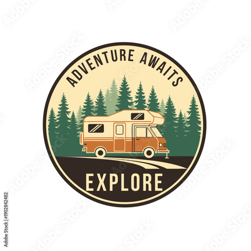 Adventure Awaits Explore RV Camper Van Forest Landscape.