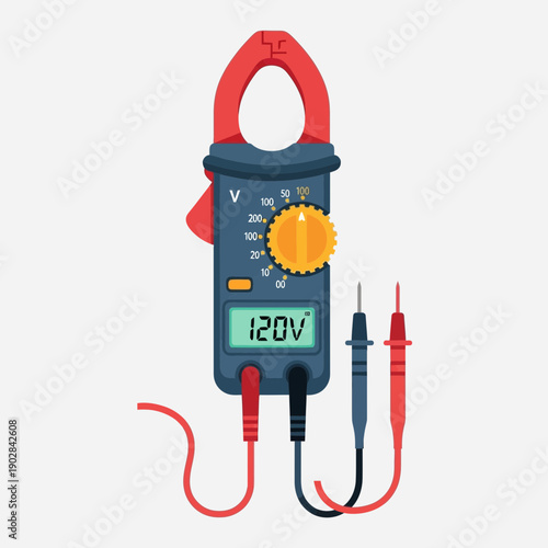 Digital Clamp Meter with Test Leads on White Background