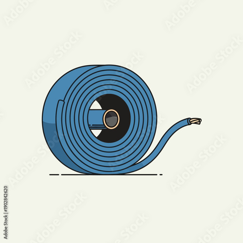 Blue coiled electrical wire with exposed copper end on light background